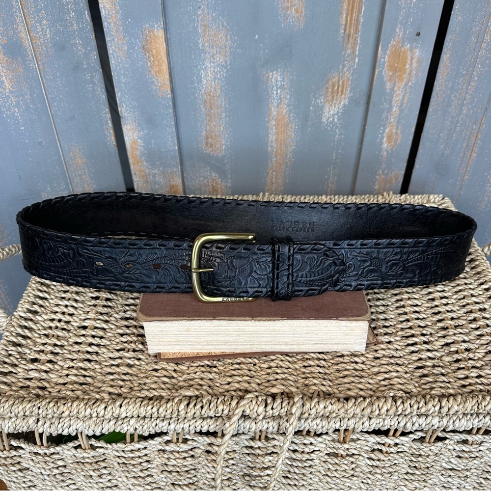 Lauren Ralph Lauren Tooled Whipstitch Wide Belt Black Sz L